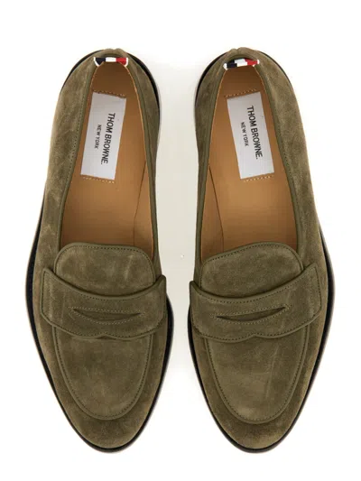 Thom Browne Suede Loafers With Rounded Toe And Tricolor Detail