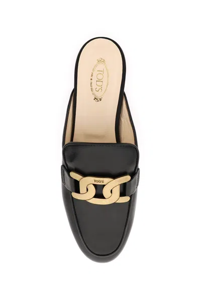 Tod's Glossy Black Slippers With Logo Plaque
