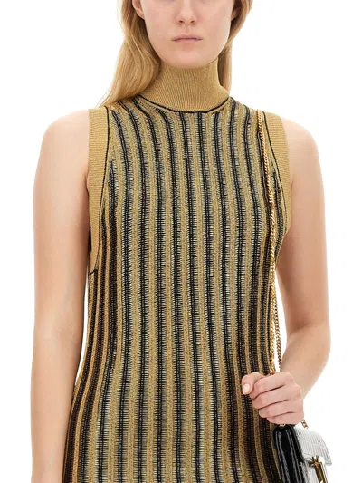 Tom Ford Striped Ribbed Metallic Wool-blend Turtleneck Mini Dress