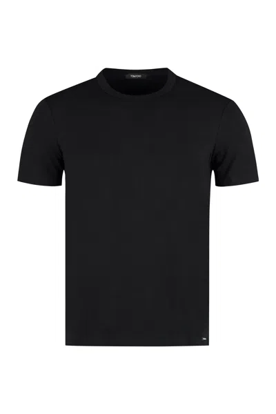 Tom Ford White Crewneck T-shirt With Tf Embroidery In Lyocell And Cotton Blend Man