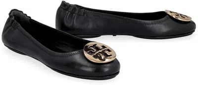 Tory Burch Minnie Travel Ballet With Metal Logo In Black