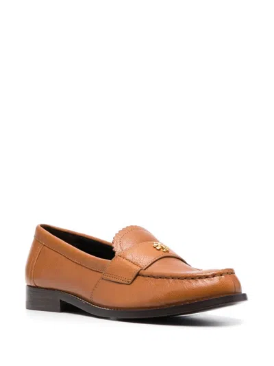 Tory Burch Almond Toe Leather Loafers With Scalloped Trim