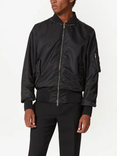 Valentino Nylon Bomber Jacket With Black Untitled Studs On The Neckline