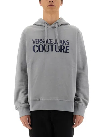Versace Jeans Couture Grey Logo Print Sweatshirt With Classic Hood