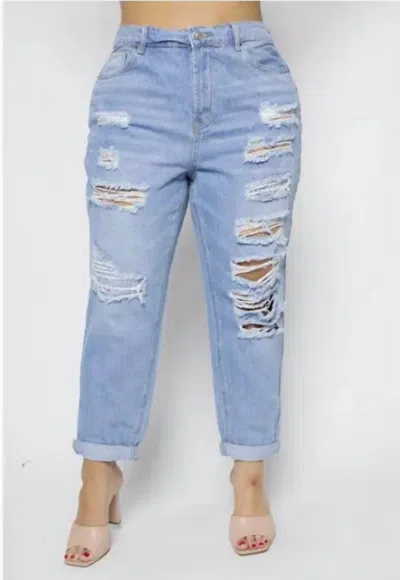 Curve Market Distressed Elastic Mom Jeans - Plus In Light Wash In Blue
