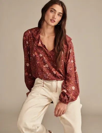 Lucky Brand Floral Print Ruffle Tie Neck Top In Multi