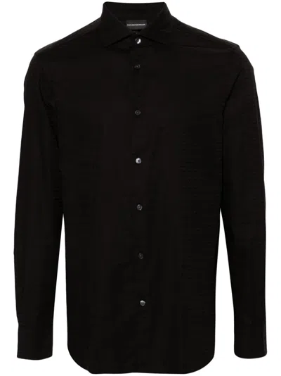 Emporio Armani Cotton Poplin Shirt With Buttoned Cuffs And Curved Hem In Black