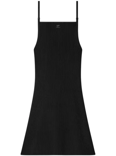 Courrèges Abito Corto In Viscosa A Coste Con Ricamo Logo In Black