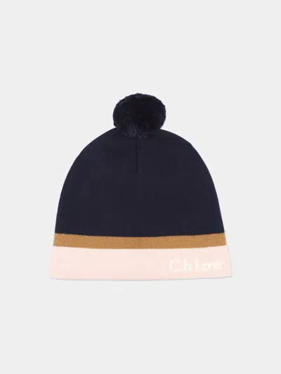 Chloé Cotton-wool Logo Beanie In Blue