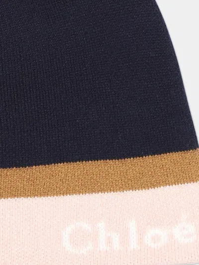 Chloé Cotton-wool Logo Beanie In Blue