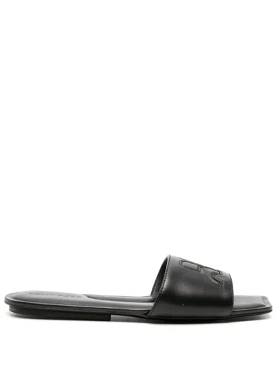 Courrèges Logo Nappa Leather Flat Sandals In Black