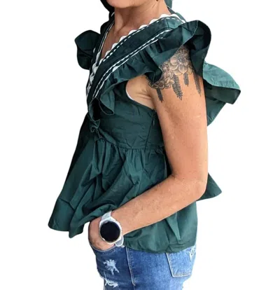 Entro Ruffled Blouse Top In Forest In Green