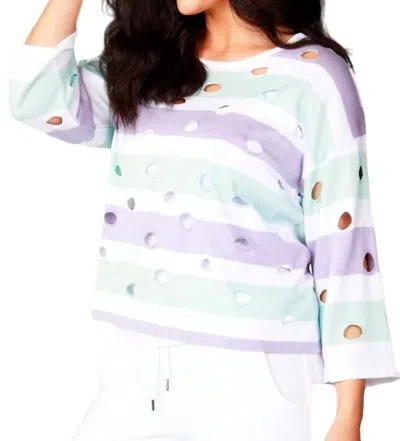 French Kyss 3/4 Stripe Sleeve Holey Crew In White/multi In Multi