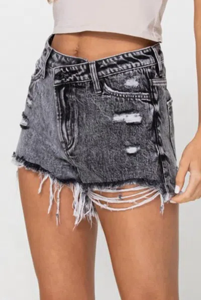 Flying Monkey High Rise Asymmetical Distressed Shorts In Charcoal In Pink