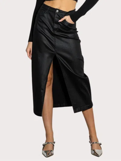 Vibrant M.i.u Front Slit Midi Coated Skirt In Black In Black