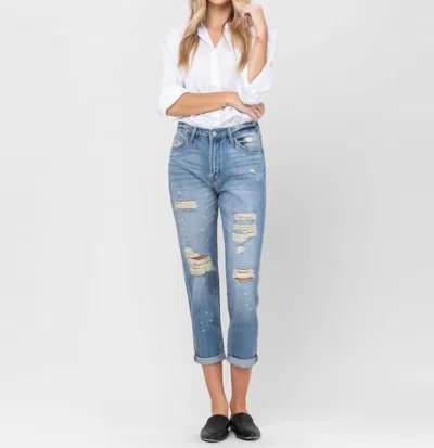 Flying Monkey Distressed Paint Splatter Boyfit Jean In Blue In Blue