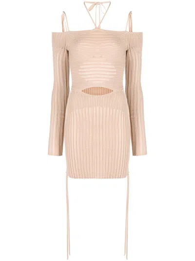 Andrea Adamo Knit Ribbed Mini Dress In Beige