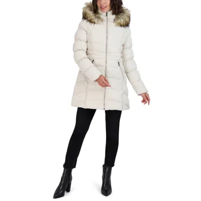 Laundry By Shelli Segal Womens Faux Fur Trim Hooded Puffer Jacket In Grey