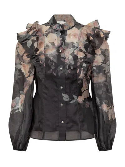 Zimmermann Crush Frill Sleeve Floral Blouse In Black