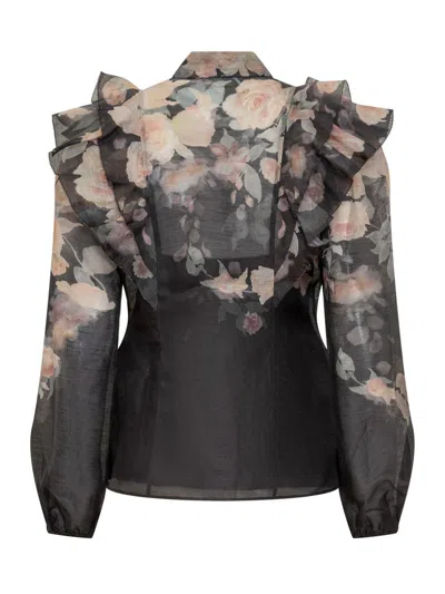 Zimmermann Crush Frill Sleeve Floral Blouse In Black