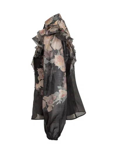 Zimmermann Crush Frill Sleeve Floral Blouse In Black