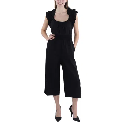 Vince Camuto Ruffle Shoulder Linen Blend Crop Jumpsuit In Black