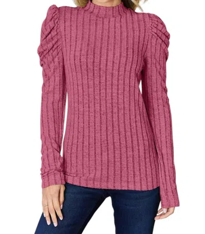 Basic Bae Ribbed Mock Neck Top With Puff Sleeves In Fuchsia Pink In Multi