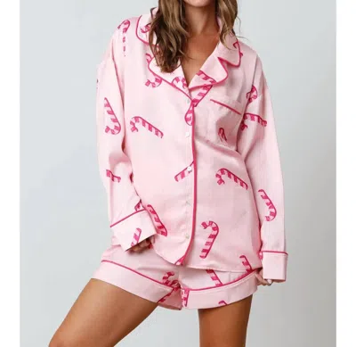 Peach Love Candy Cane Pattern Pj Top In Pink In Pink