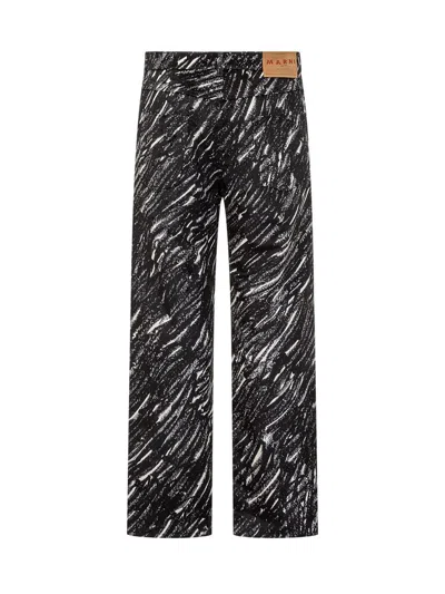 Marni Black Flocked Denim Wide-leg Jeans With Crayon Print In Multicolor