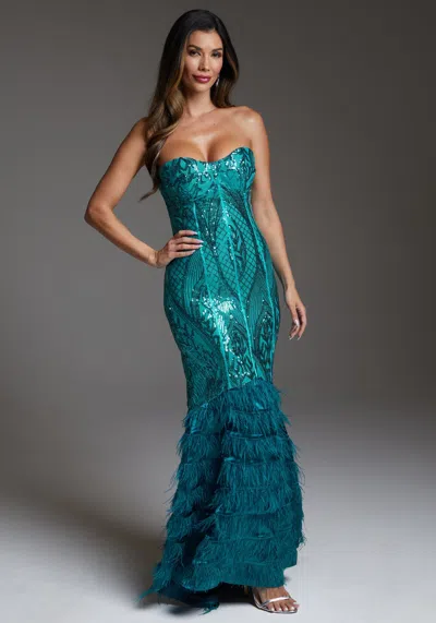 Bebe Sequin Feather Trim Strapless Gown In Crystal Teal