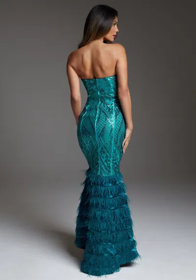 Bebe Sequin Feather Trim Strapless Gown In Crystal Teal