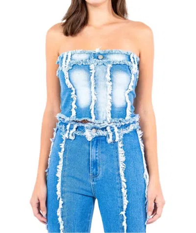 American Bazi Frayed Edge Denim Corset Top In Light Blue In Blue