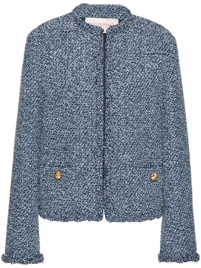 Valentino Sky Blue Tweed Crewneck Jacket In Blue