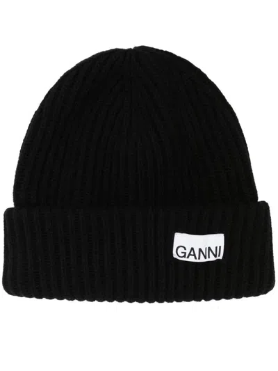 Ganni Wool-blend Ribbed-knit Beanie Hat In Black