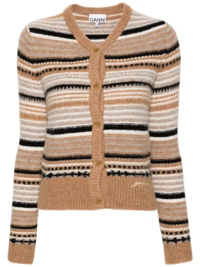 Ganni Multicolor Striped Cardigan With Logo Embroidery In Wool Woman