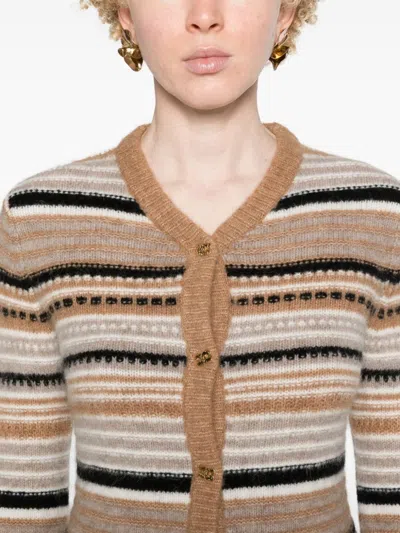 Ganni Multicolor Striped Cardigan With Logo Embroidery In Wool Woman