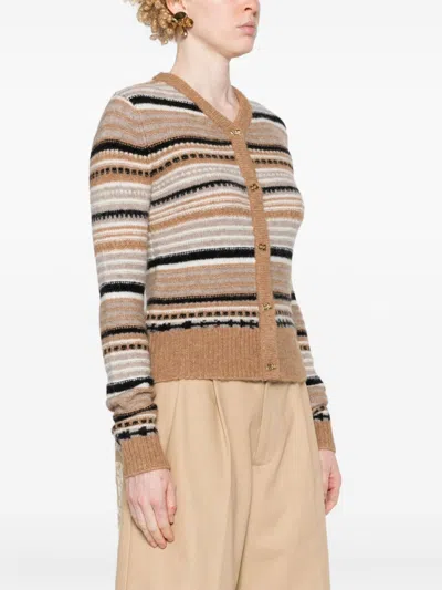 Ganni Multicolor Striped Cardigan With Logo Embroidery In Wool Woman
