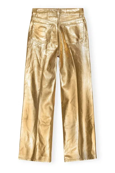 Ganni Gold Five Pockets Wide Jeans In Laminated Fabric Woman