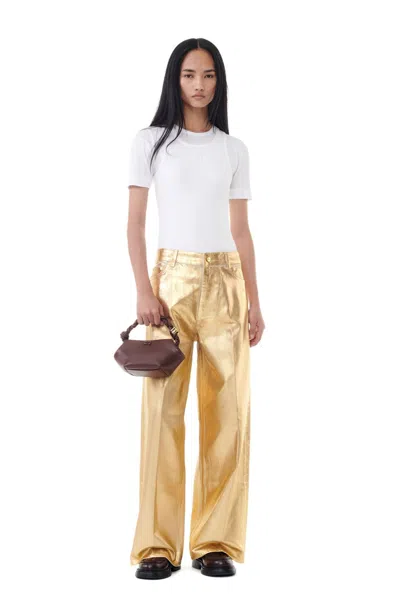 Ganni Gold Five Pockets Wide Jeans In Laminated Fabric Woman