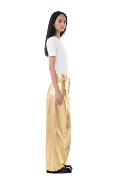 Ganni Gold Five Pockets Wide Jeans In Laminated Fabric Woman