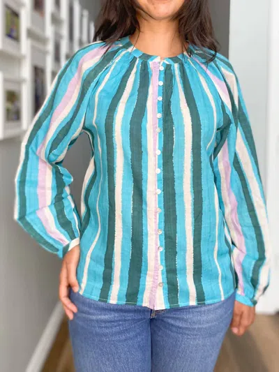 Frnch Long Sleeve Striped Top In Turquoise In Blue