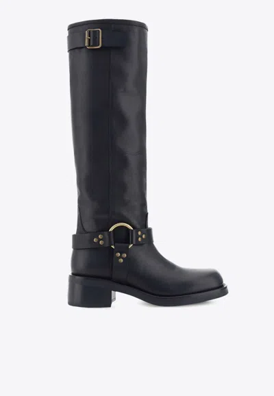 P.a.r.o.s.h Leather Stud Detail Calf-length Block Heel Boots In Black