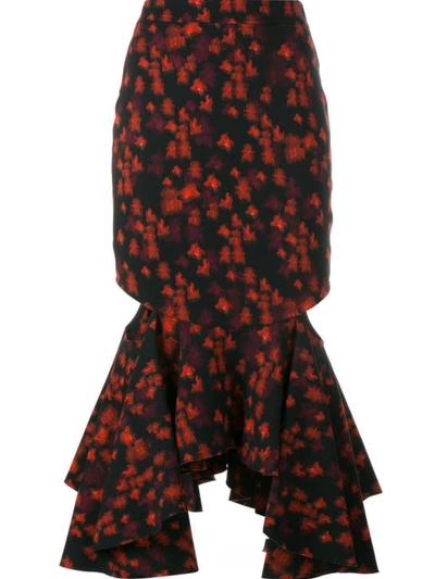 Givenchy Cutout Ruffled Midi Skirt In Floral-print Stretch-satin In Red Flower