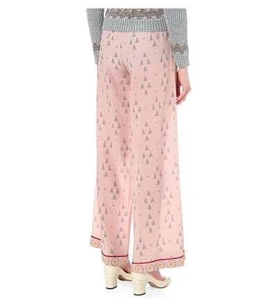 Shop Valentino Geometric-print Wide-leg Silk-crepe Trousers In Beige