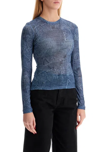 Shop Ganni Long Sleeved Denim Effect Top For