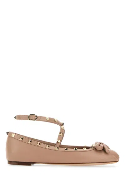Valentino Rockstud Ankle-strap Ballerina Flats In Rosecannelle