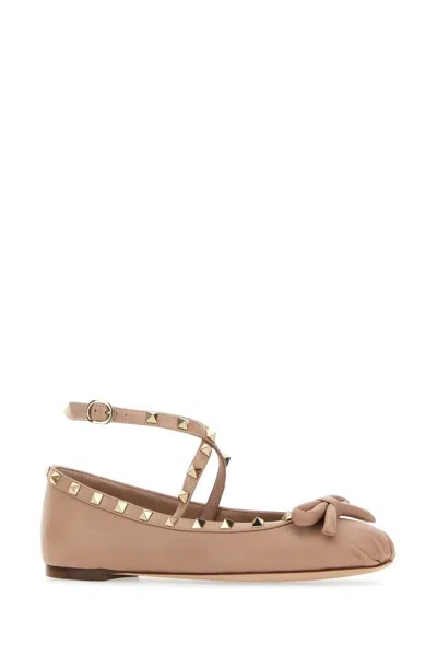 Valentino Rockstud Ankle-strap Ballerina Flats In Rosecannelle