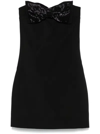 Self-portrait Black Sleeveless Mini Dress With Bandeau And Beaded Oversize Bow In Tech Fabric Woman In Black