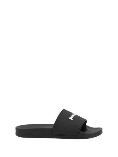 Palm Angels Essential Logo Black White Polyurethane Pool Sliders In Black