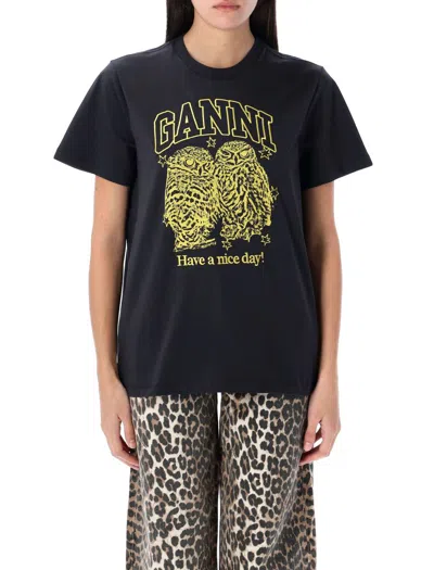 Ganni Basic Jersey Owls Relaxed T-shirt T-shirts Black In Black